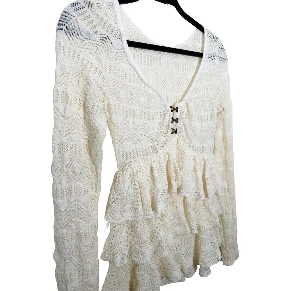 Free‎ People Women's Cream Ruffle Lace Tiered Top Peasant Bohemian Cottagecore S